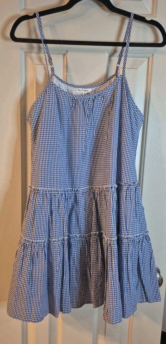 NWT Maisie Blue Americana Cottage Milkmaid Gingham Plaid Strappy Ruffle Dress M
